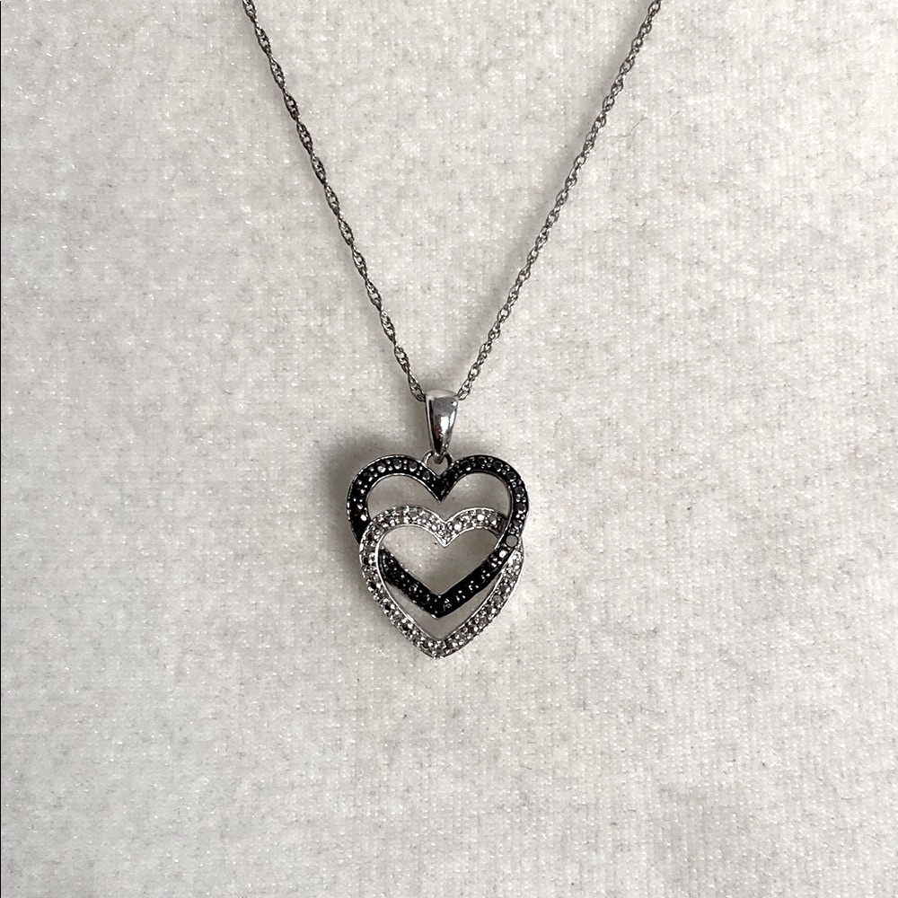 1/6 Carat Black/White Diamond Double Heart Pendant 925 Sterling Silver Necklace